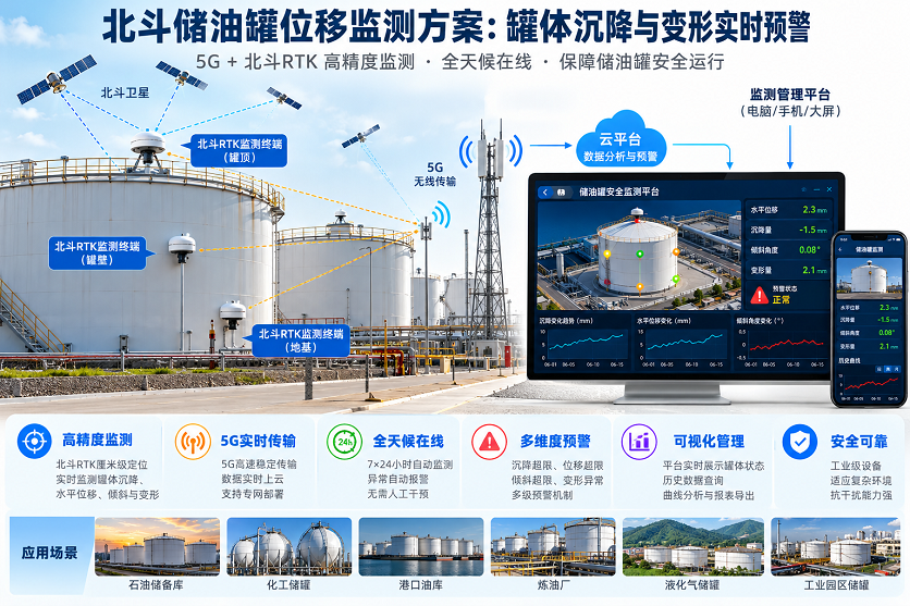 5G+北斗RTK储油罐位移监测系统:实时监测罐体沉降、倾斜与变形